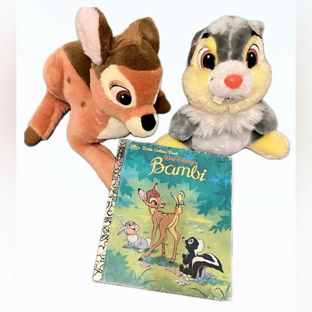 DISNEY-  BAMBI and THUMPER PLUSH and BOOK SET - VINTAGE